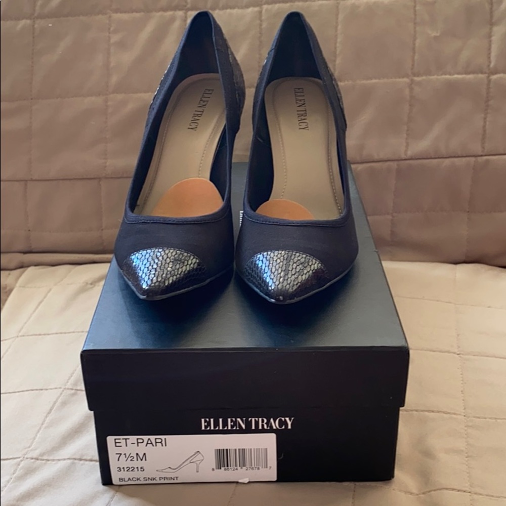 Ellen Tracy Stretch snake skin print heels